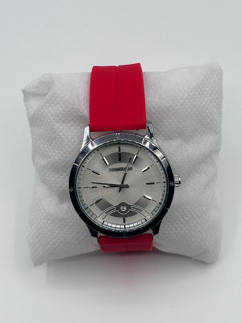 MEN'S  QUARTZ WATCHES Silver Dial with red Silicone Rubber Belt with Magnet lock D-28