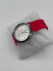 MEN'S  QUARTZ WATCHES Silver Dial with red Silicone Rubber Belt with Magnet lock D-28