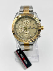 Best Win Watch Premium Quality Golden Dial with 2 Tone Chain Date,Chronograph Time with Original Box D-17