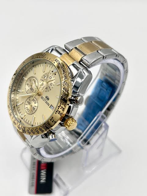 Best Win Watch Premium Quality Golden Dial with 2 Tone Chain Date,Chronograph Time with Original Box D-17