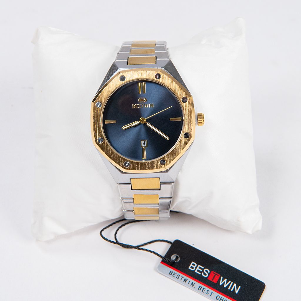 BEST WIN ORIGINAL WATCH WITH BOX  2 TONE CHAIN WITH Blue Dial